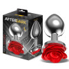 Silver Metal Anal Plug with Red Rose Base Size L
