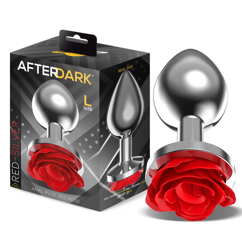 Silver Metal Anal Plug with Red Rose Base Size L