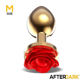 Golden Metal Anal Plug with Red Rose Base - Size M
