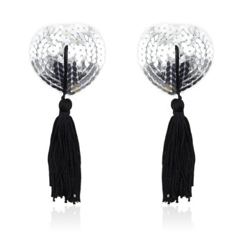 Self-Adhesive Heart Sequin Nipple Cover with Tassel Silver/Black