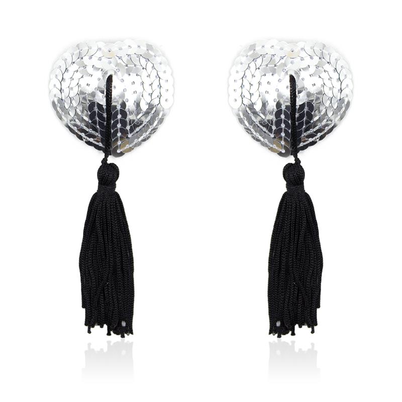 Self-Adhesive Heart Sequin Nipple Cover with Tassel Silver/Black