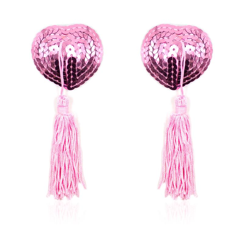 Self-Adhesive Heart Sequin Nipple Cover with Tassel Pink