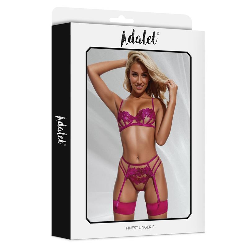 Nora bra, thong, and garter belt Set with Flowers Fuchsia