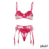 Nora bra, thong, and garter belt Set with Flowers Fuchsia