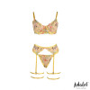 Zoey Bra, Thong, Garter Belt, and Yellow Floral Garters Set