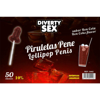 50 penis-shaped lollipops ron-cola flavor 10% alcohol
