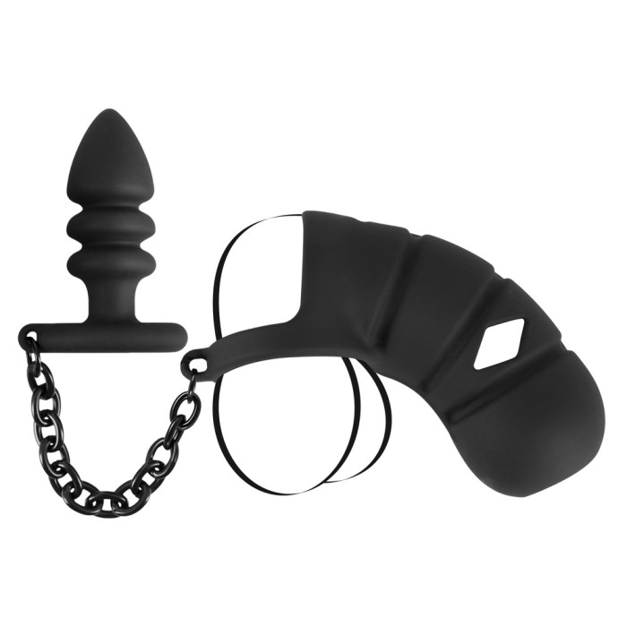 Cock cage with butt plug